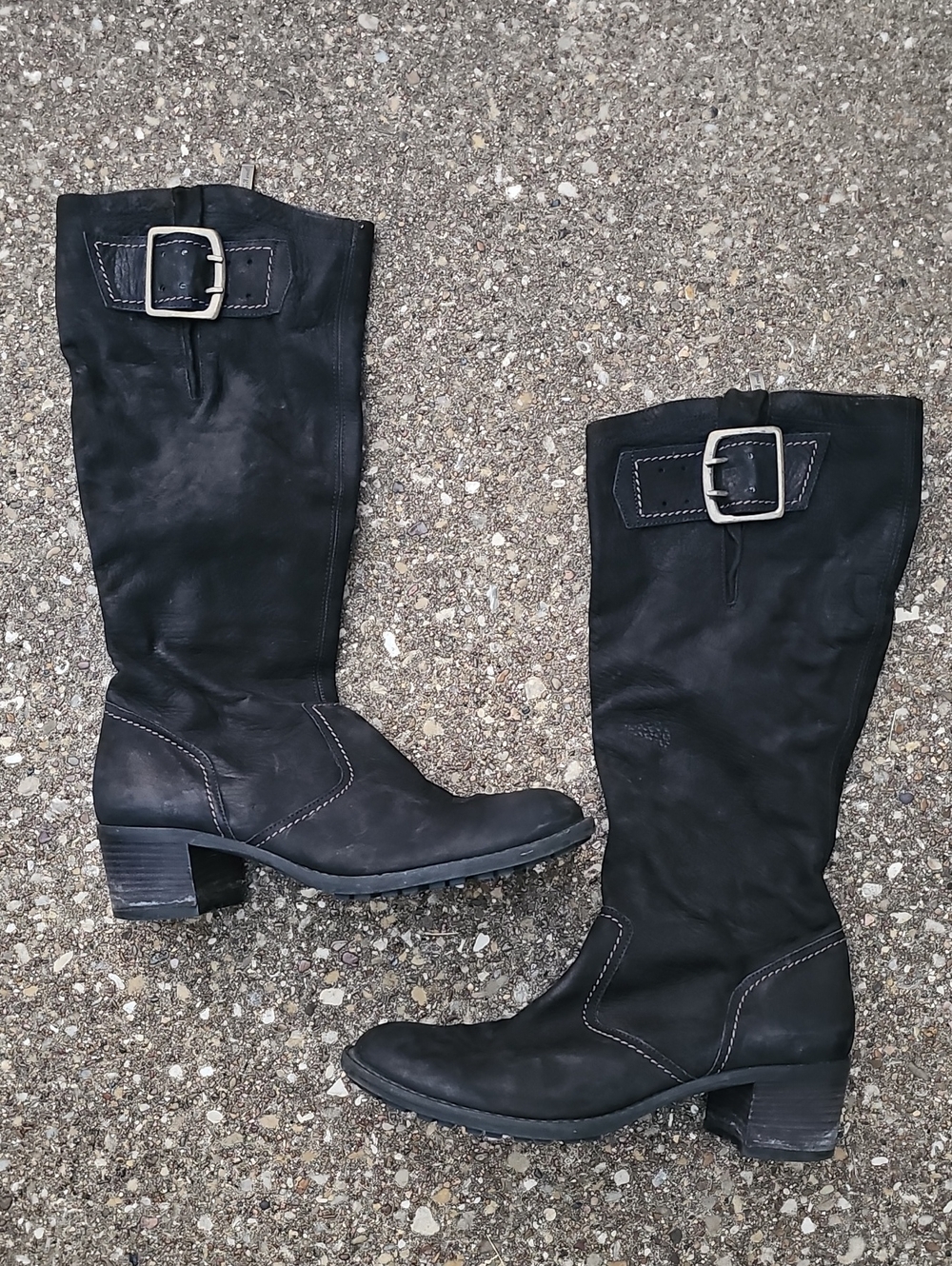 Paul Green Black Mid-Calf Leather Heeled Boots with Buckle